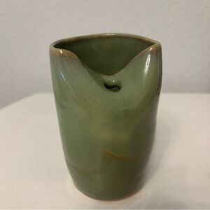 Green Brown Art Pottery ceramic glazed mug cup with hole for straw. Signed